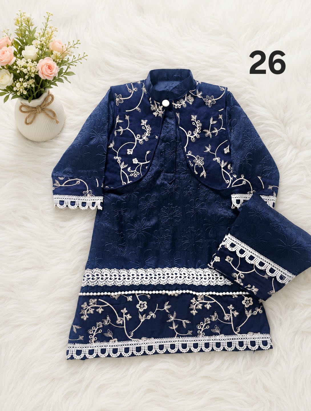 Size26 Navy Blue Embroidered jacket and panal with pearl lace self floral emboss fabric Jhabla Izar Size26 Navy Blue Embroidered jacket and panal with pearl lace self floral emboss fabric Jhabla Izar
